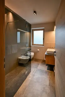 a bathroom with a glass shower and a sink and a toilet at Residence Winklgut in Lagundo
