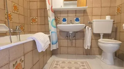 a bathroom with a toilet and a sink and a tub at Appartamenti Bernard Sas in Canazei