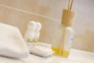 a bathroom sink with a bottle of lotion and a soap dispenser at Residence *** Geringerhof in Schenna