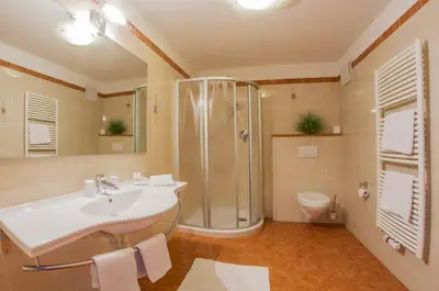 a bathroom with a shower and a sink and a toilet at Residence *** Geringerhof in Schenna