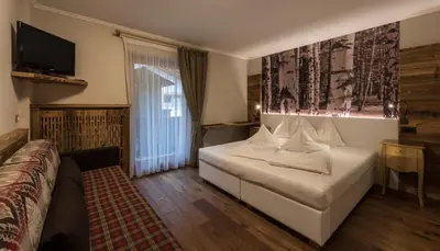 a bedroom with a bed and a television and a couch at Eggentaler in Bolzano