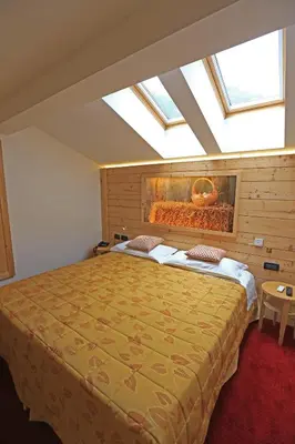 a bedroom with a large bed with a skylight at Hotel Ladina in Campitello di Fassa