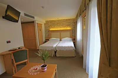 a hotel room with a bed and a table at Hotel Ladina in Campitello di Fassa