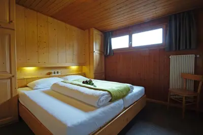 a bedroom with a large bed in a wooden room at Piz da Cir in Colfosco