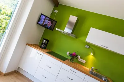 a green kitchen with a counter and a tv on the wall at Pension Gruenwald in Andrian