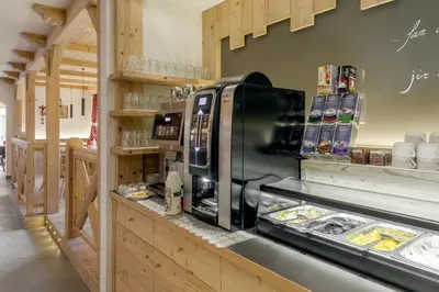 a kitchen with a counter with aasteryasteryasteryasteryasteryasteryasteryasteryastery at Hotel Garni Lastei in Pozza di Fassa
