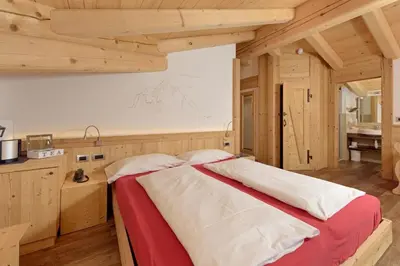 a bedroom with a large bed in a room at Hotel Garni Lastei in Pozza di Fassa