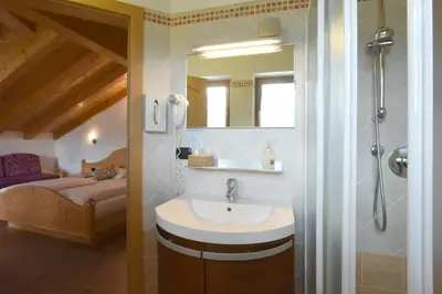 a bathroom with a sink and a shower and a bed at Agritur Maso Chemela in Cavalese