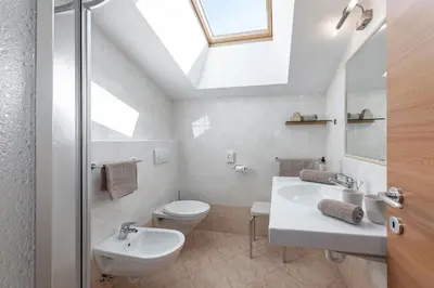a bathroom with a sink and a toilet and a skylight at Tirolerhof guesthouse in Naz-Sciaves