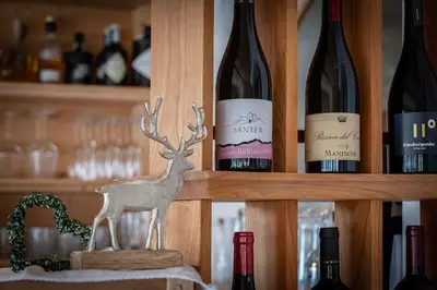 a shelf with bottles of wine and a reindeer on it at Tirolerhof guesthouse in Naz-Sciaves