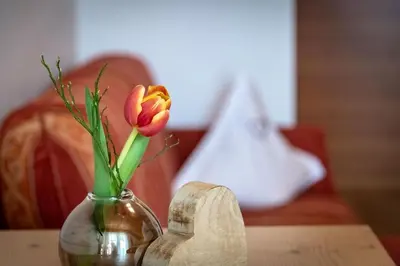 a vase with a flower in it on a table at Tirolerhof guesthouse in Naz-Sciaves