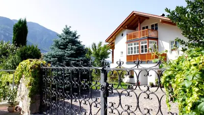 a gate in front of a house with mountains in the background at Schiessstandhof in Montagna