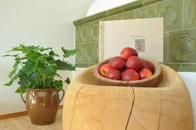 a bowl of apples on a table next to a potted plant at Schiessstandhof in Montagna