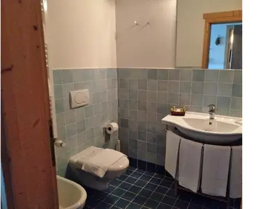 a blue tiled bathroom with a toilet and a sink at Residence Valpiccola in Val di Zoldo