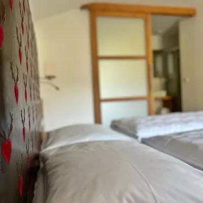 a bedroom with two beds with red hearts on the wall at Zur Brücke apartments and rooms - Your home in heart of South Tyrol, with Brixencard in Fortezza