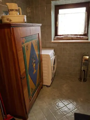 a small bathroom with a washing machine and a window at Maso Pinterato in Cavalese