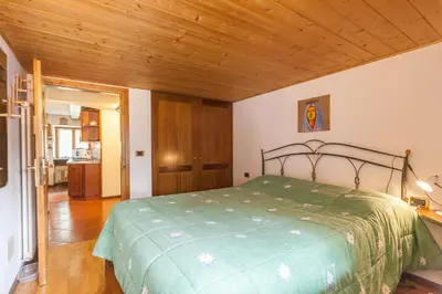 a bedroom with a bed and a wooden ceiling at Casa Silva in Falcade