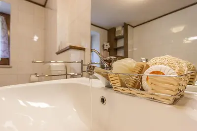 a bathroom sink with a basket of towels at Casa Silva in Falcade