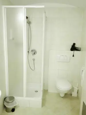 a white bathroom with a shower and a toilet at Manzoni Premium in Merano