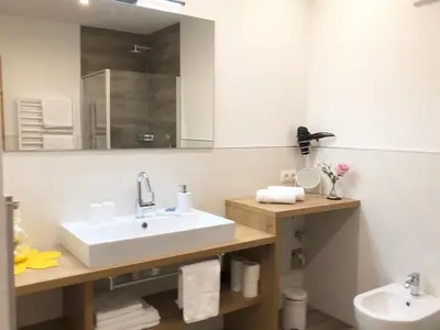 a bathroom with a sink and a mirror at Apartment Obermair in Brunico