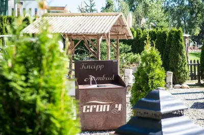 a garden with a fountain and a wooden gazebo at Apartment Obermair in Brunico