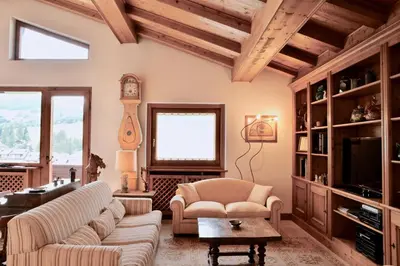 a living room with a couch and a tv at CanguroProperties - Ca' Mora in Cortina dʼAmpezzo