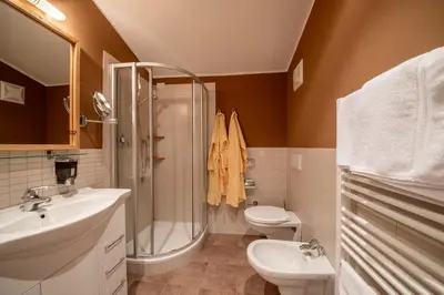 a bathroom with a shower and a toilet and a sink at Pöder - daheim in den Bergen in Ultimo