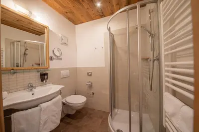 a bathroom with a shower and a toilet and a sink at Pöder - daheim in den Bergen in Ultimo