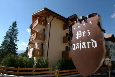 a building with a guitar sign in front of it at Residence Pez Gajard in San Martino di Castrozza