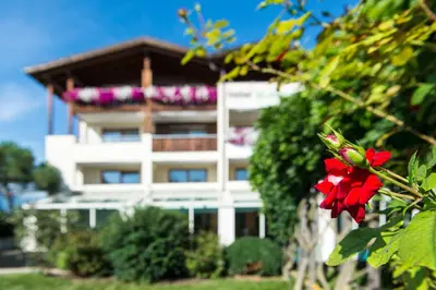 a building with a red flower in front of it at Hotel St. Anton in Fiè