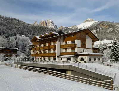 a hotel in the mountains in the snow at Alpenhotel Panorama in Campitello di Fassa