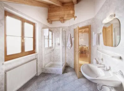 a bathroom with a sink and a shower and a mirror at Ferienhof 