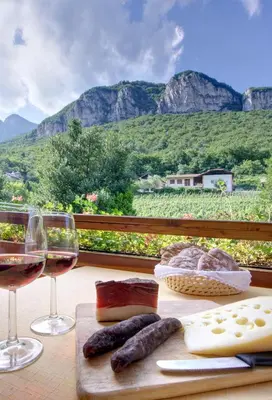 a table with two glasses of wine and cheese at Ferienhof 