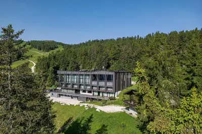 an aerial view of a building in the middle of a forest at Hotel Olangerhof in Valdaora