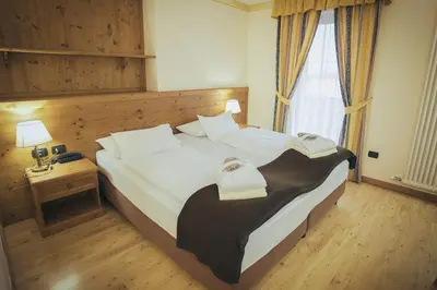 a bedroom with a large bed and a window at Hotel Al Parco in Moena