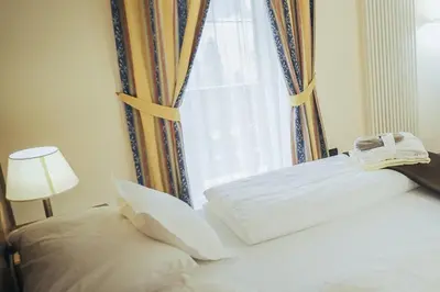 a bedroom with a bed with a window at Hotel Al Parco in Moena