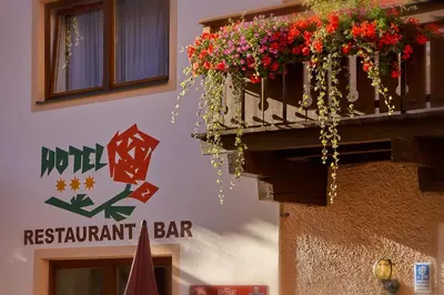 a building with a balcony with flowers on it at Hotel Rose in Villabassa