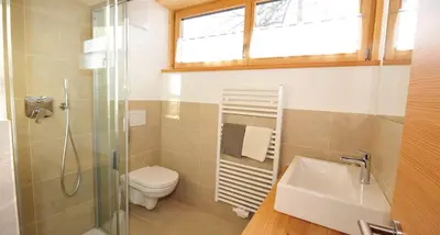 a bathroom with a toilet and a sink and a shower at Camping Chalet Salten in San Genesio Atesino