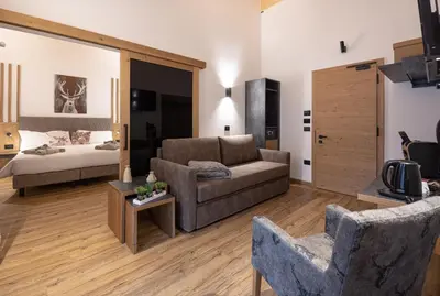 a living room with a couch and a bed at Hotel Villa Melì in Predazzo