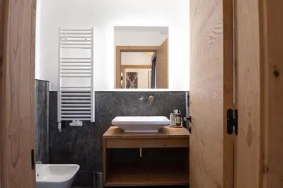 a bathroom with a sink and a mirror at Hotel Villa Melì in Predazzo