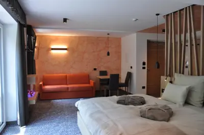 a hotel room with a bed and a couch at Hotel Residence Rosa in San Lugano