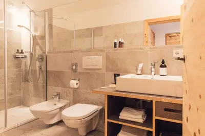 a bathroom with a sink and a toilet and a shower at Hotel Restaurant Langgenhof in Brunico