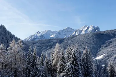 a snow covered mountain range with snow covered trees at Landhof in Monguelfo