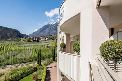 a balcony of a building with a view of a vineyard at Residence Hirzer in Lagundo