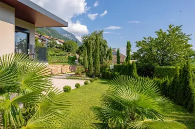 a garden with palm trees and a house at Tholr - Ferienwohnungen - Tramin in Termeno