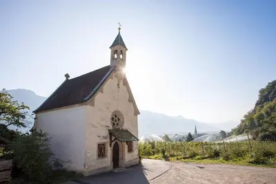 a small white church with a steeple on a hill at Mondschein Rooms in Lana