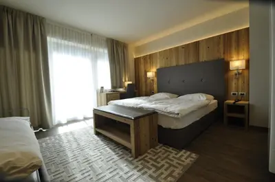 a hotel room with a large bed and a window at Hotel Al Forte in Arabba