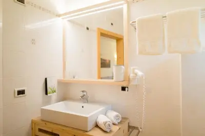 a bathroom with a white sink and a mirror at Hotel Kompatscherhof in Luson