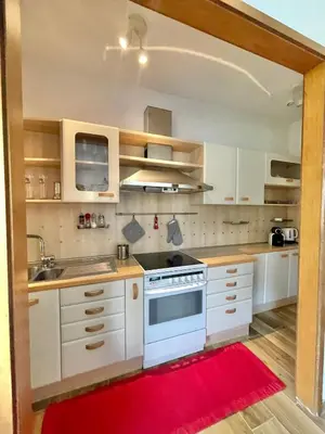 a kitchen with white cabinets and a red rug at Residenza XXX Aprile in Merano