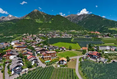 an aerial view of a village with vineyards and mountains at Apartment Ruprecht in Tirolo